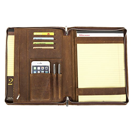 [Custom Engraved] Crazy-horse Leather Portfolio Vintage Padfolio Case Professional Business Organizer Folder Tablet Pad Folio, with Letter Size Notepad, Zippered Closure - Thumbnail 3