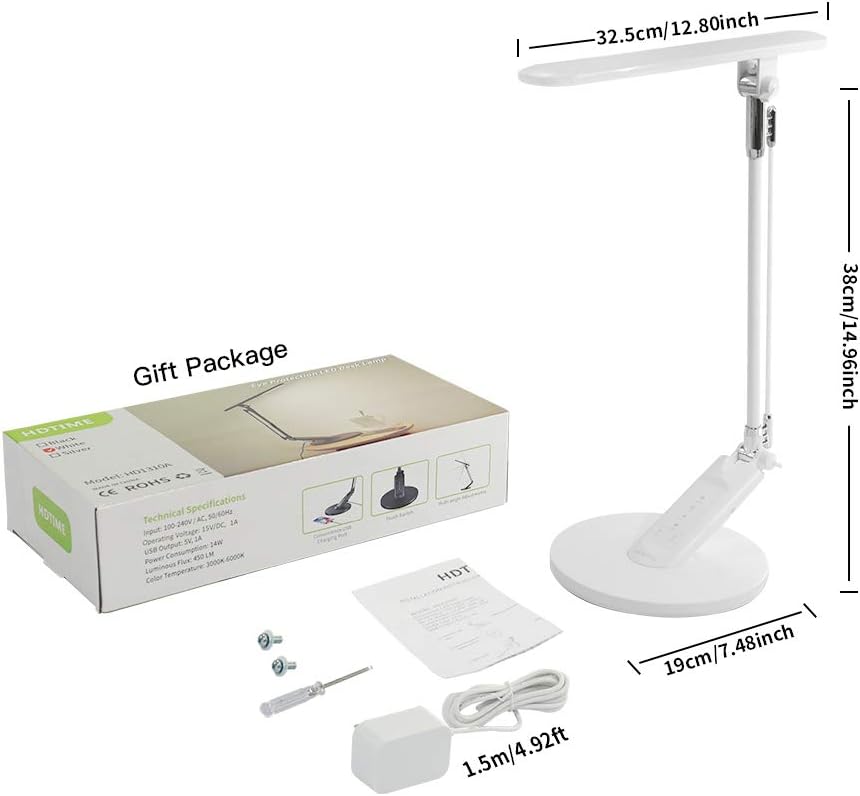HDTIME Desk LED Lamp with USB Charging Port Touch-Sensitive Control with 1-Hour Timing Function,4 Lighting Modes with 7 Brightness Levels 36PCS LEDs(White): Home Improvement