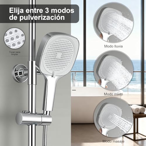 DelnVior Shower System with Thermostat Stainless Steel Square Rain Shower 3 Jet Types Complete Shower Set Adjustable Height with Anti-scald Protection Water Saving