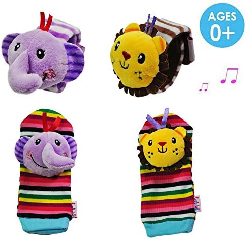 CiCi Baby Wrist Rattle and Foot Finder Set Infant Baby Development Toy Baby Shower Gift (Elephant and Lion)