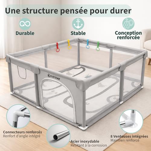 KIZTEKK - Baby Playpen 150 x 150 cm - Baby Playpen with Foldable Floor Mat - Large Secure Space - Reinforced Protection - 360° Visibility - 2 Storage Bags Included - 4 Support Rings