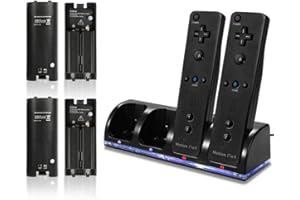 Remote Battery Charger, 4 in 1 Wii Remote Charging Dock Station with 4 PCS 2800mAH Rechargeable Batteries for Nintendo Contro