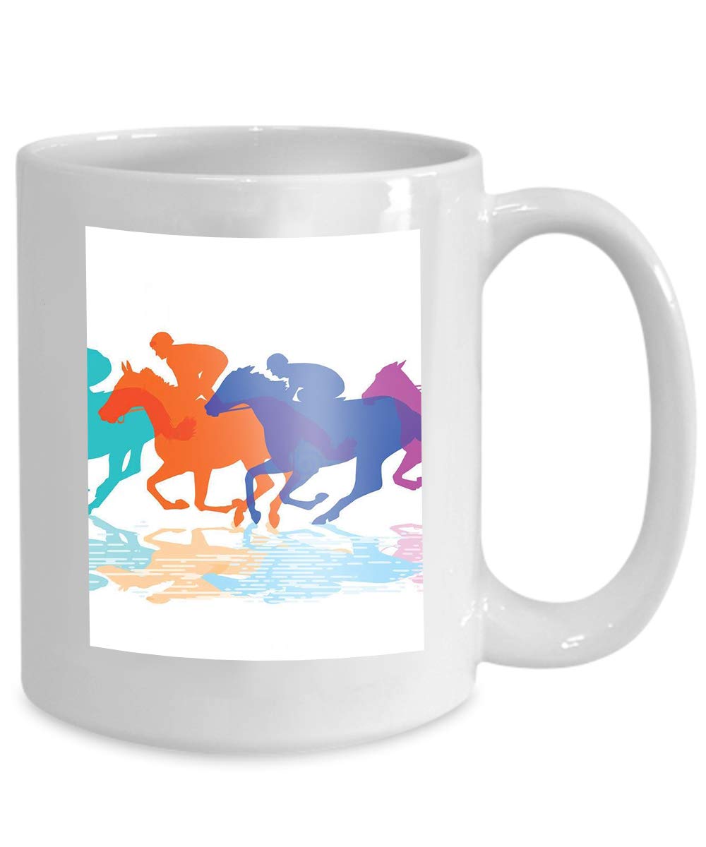 Mug Coffee Tea Cup Horse Racing Colorful Horses Jockeys Full Gallop