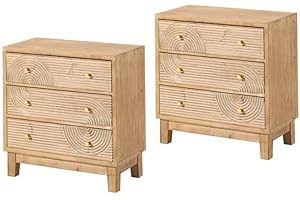 COZAYH 3-Drawer Farmhouse Dresser with Handicraft Wood Ring Motif, Set of 2 Fully Assembled Nightstand Wooden Finish for Boho, Mid-Century, Natural Wood, Rustic