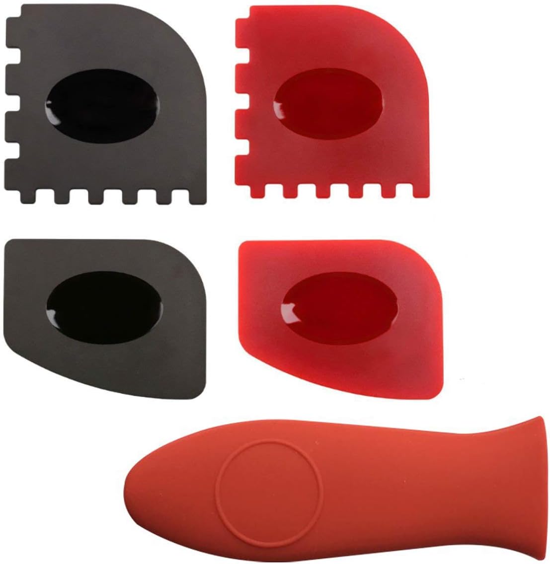 Wakaka Grill Pan Scraper(2PCS) + Durable Pan Scrapers(2PCS) + Silicone Hot Handle Holder for Cast Iron Skillets,Frying Pans & Griddles, 5-Pack (Red)