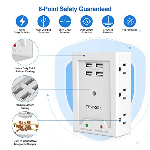 Outlet Extender with USB, 1050 Surge Protector, Multi Plug Outlet Extender with 4 USB Ports, 6-Outlet Wall Mount Adapter Widely Spaced with Top Phone Holder for Home, Dorm Essential, Office-White