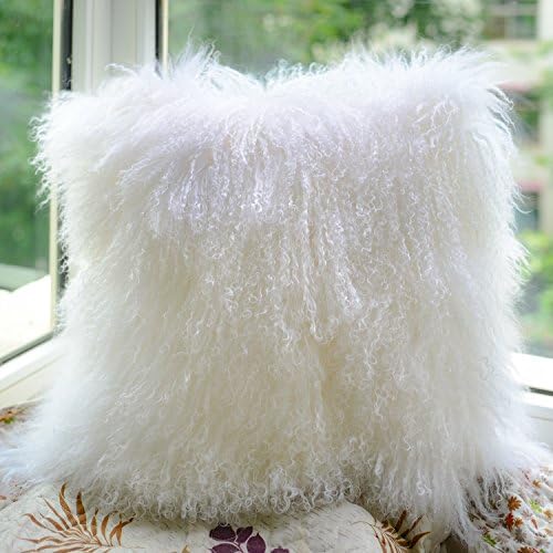 HZX 100% Real Mongolian Fur Pillowcase Sheepskin Wool Cushion Cover Home Decoration for Living Room Bedroom 20"X20" (White) Great Gift for Mom for New House Gift