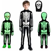 Tinnipiero Kids Skeleton 3D‑Printed halloween Costume boys glow | Kids Glow Skeleton Costume, 3D‑Printed 3‑Piece Halloween Skeleton Jumpsuit with Hood Mask Gloves for Kids