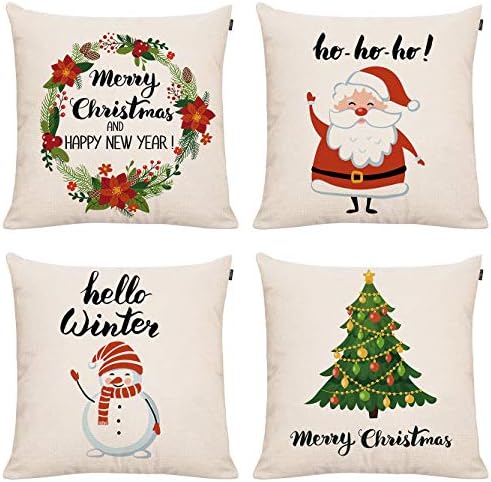 GTEXT 4 Pack Christmas Throw Pillow Cover Holiday Decor Snowman Wreath Santa Chrismtas Trees Pillow Cover Cuhion Cover Case for Couch Sofa Home Decoration Pillows Linen 18 X 18 Inches