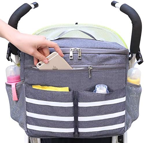 Parents Stroller Organizer Travel Bag with Shoulder Strap Insulated Bottle Holder Lightweight Design Storage Pockets for Bottles,Diapers,Toys,Saliva Towel-Fits All Baby Stroller Models (White Stripe)