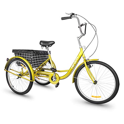 HIRAM Adult Tricycle Trike, 24" Wheels Single Speed Cruise Bike, Three-Wheeled Bicycle with Large Size Basket for Recreation, Shopping, Exercise Men's Women's Bike, Water-Proof Bag and Bicycle Bell
