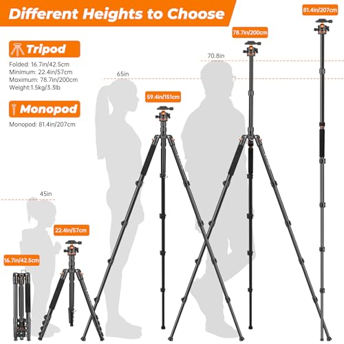 Victiv 200 cm Camera Tripod, Portable Stable Travel Tripod, 2-in-1 Tripod Monopod with 360° Panoramic Ball Head for DSLR Canon Nikon Sony, Aluminium Camera Tripod, Tripods for Smartphone