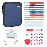 Damero Ergonomic Crochet Hook Set, Knitting Needle Kit With 9pcs 2mm to 6mm Comfortable Rubber Handles Crochets and Complete Accessories, Color Coded, Small Volume and Convenient to Carry, Dark Blue