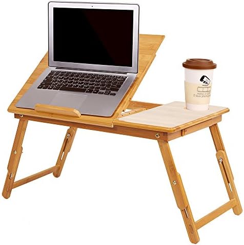 Dporticus 天然竹製 調節可能なノートパソコンテーブル 折りたたみ式 コンピュータデスク 傾斜トップ 引き出しベッドトレイ付き