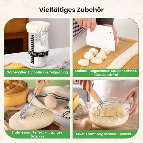 GEEKHOM Sourdough Starter Set with 2 Proofing Baskets Bread - 14-Piece Baking Accessories with Proofing Basket, Round and Oval, Sourdough Glass 650 ml, Dough Scraper - Sourdough Bread Complete Set for Beginners