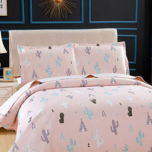Kids Girls Cactus Quilt Set Twin Size Pink Bedding Quilt Soft Lightweight Summer Thin Bedspread Coverlet All Season Reversible Bed Set with Sham for Kids Teens Adults (1 Quilt+2 Pillow Sham)