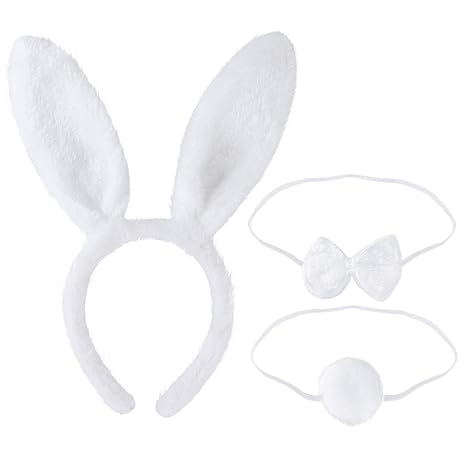 LUOEM Bunny Kostüm-Set mit Haarreif Fliege Schwanz für Kinder Erwachsene Party Cosplay Weihnachten Kostüm 3 Stücke (Weiß)