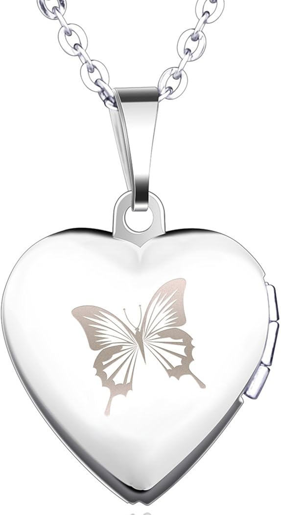 Yumilok Stainless Steel Butterfly Photo Locket for Opening Photo Pictures Amulet Silver Pink Blue Heart Pendant Necklace Pendant for Women Girls 2.1 cm x 2.3 cm