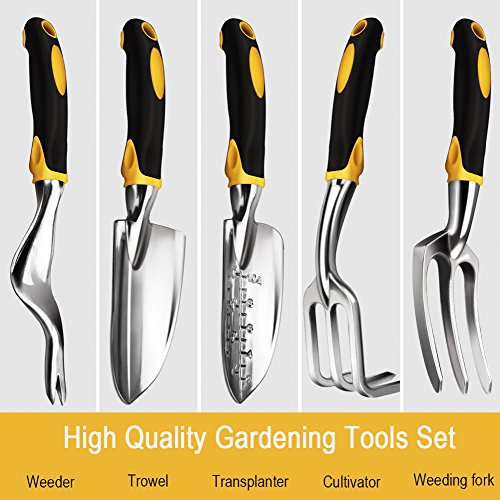 Anpress 5 Piece Gardening Tools Set Including Trowel, Transplanter, Cultivator, Weeder, Weeding Fork, Garden Tools with Heavy Duty Cast-Aluminum Heads & Ergonomic Handles