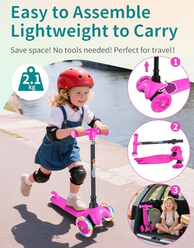 BELEEV 3 Wheel Scooter for Kids Ages 2-6, Scooter for Toddlers Girls Boys, 4 Adjustable Heights, Light Up Wheels, Lean to Steer System, Extra-Wide Deck, Kick Scooter for Children Beginners