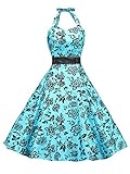 Light Blue 50s Halter Flock Tattoo Rockabilly Party Prom Dress