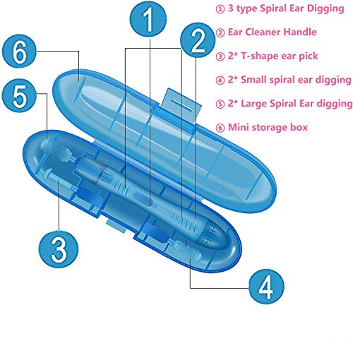 Spiral Ear Cleaner Loop Ear Wax Removal Silicone Head Picker Tool Kit 6pcs Curette Medical Storage Box Safe Care for Kid and Adult(Blue)
