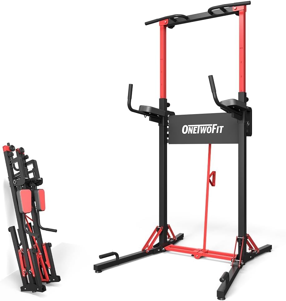 ONETWOFIT Freestanding Folding Pull Up Bar Power Tower Dip Station, Adjustable Height, 127-224CM Multifunctional Home Electric Station,Space Saving,Detachable