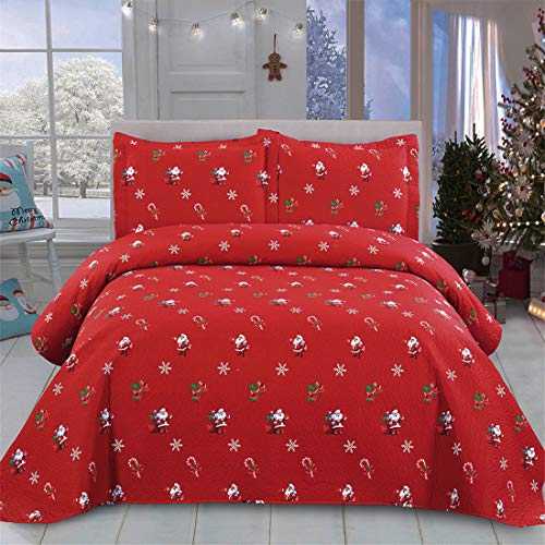 Oliven Christmas Quilts Set Twin Size Bedspreads Coverlet Set,Lightweight Blanket Reversible Bed Cover 3D Cartoon Christmas Santa Claus Christmas Bedding Christmas Home Decor,Red - Thumbnail 2