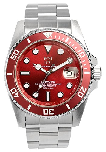 HYAKUICHI Men's Diver's 200M Quartz Stainless Steel Red Watch