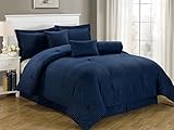 Chezmoi Collection 7-Piece Hotel Dobby Stripe Comforter Set, Queen, Navy Blue