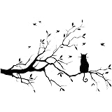 Lnrkai 14.2 x 22in Black Cat on Tree Branches Wall Decor Stickers Nursery Leaves, DIY Removable Wall Art Decal Mural Wallpape