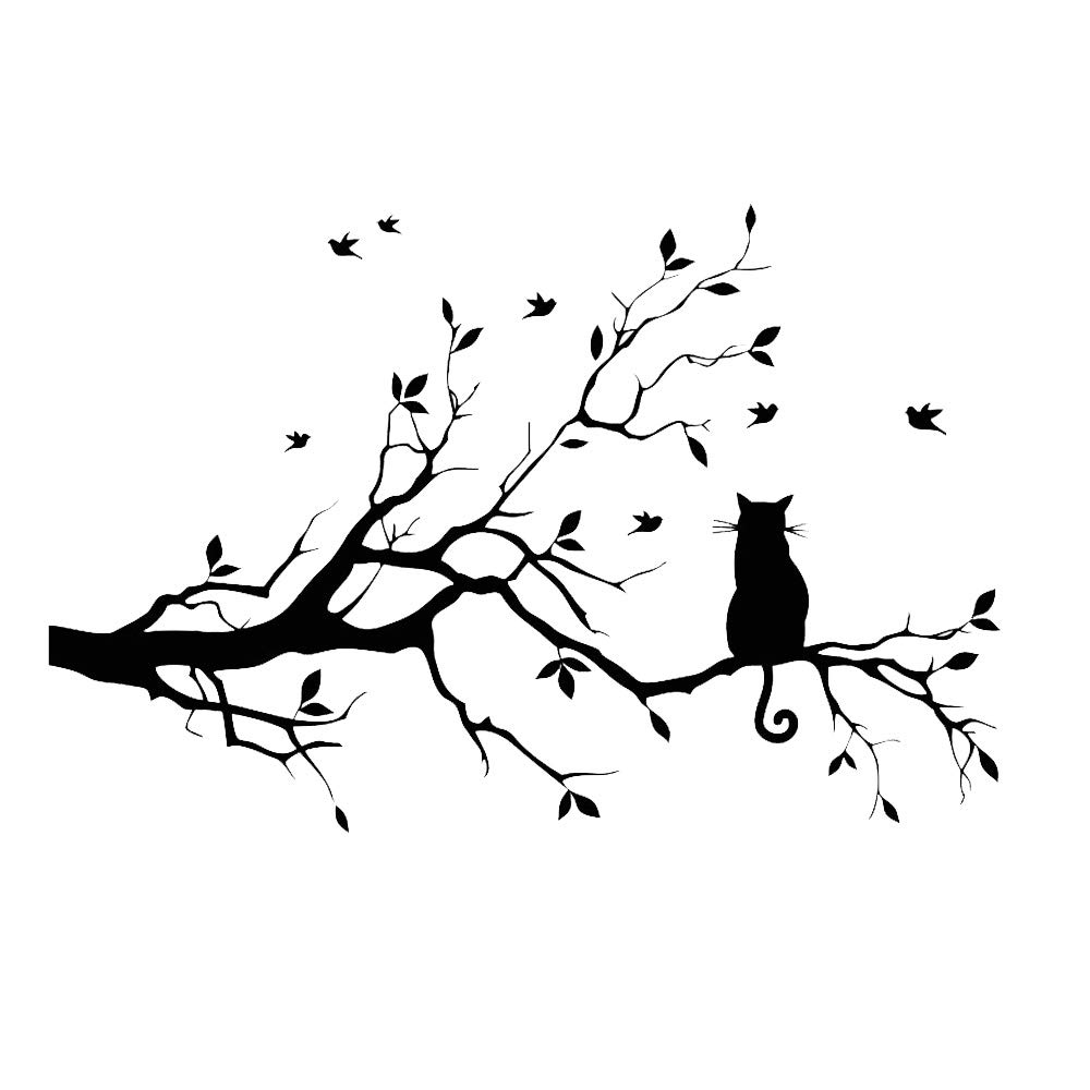 Black Tree Branches Wall Stickers Nursery Leaves, DIY Removable Vinyl Wall Art Wallpaper Decal Mural Home Decor for Living Room, Bedroom, and Farmhouse Decor (Cat)