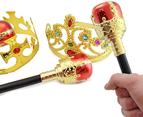 WellPackBox 4 Pack 2 Crowns And 2 Sceptors King Queen Party Costume Plastic Crown Gold, King Royal Kids Adults Birthday Party Hats Dress Up Costumes Props & Sticker