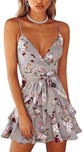 YiKeZhiXiu Women's Summer Floral Print Deep V Neck Spaghetti Strap Mini Beach Dress with Lining Grey Medium