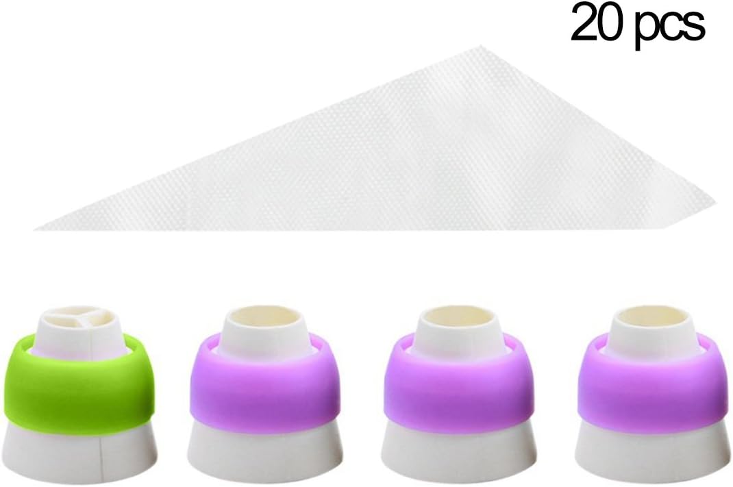 Russian Ball Piping Tips Coupler Set, 5-Pack Couplers for 2 Size Icing Nozzles+ 20 Disposable Pastry Bags, 1 Free Leaf Frosting Tips