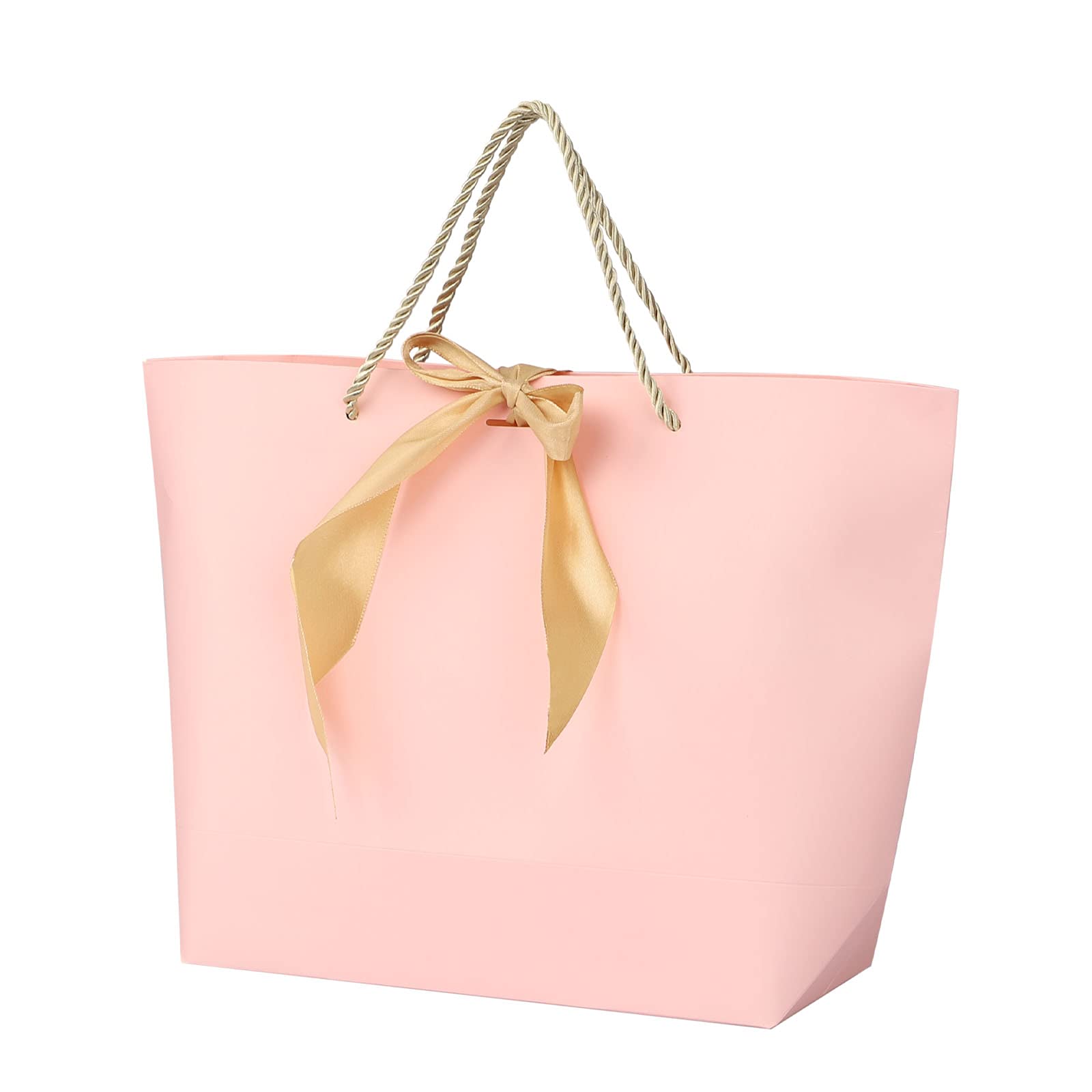 10 x Kraft Paper Bags Cardboard Treat Gift Boxes with Ribbon Bow & Soft Handle,33x10x25cm Presents Gift Tote Recyclable Large Carrier Bags for Christmas Party,Anniversary and Special Occasion Gifts
