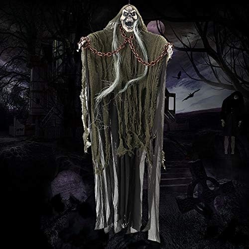 Halloween Ghost Prop Decorations Hanging Creepy Skull Light Up Eyes Scary Voice Sound with Shackles Chains for Haunted House Party Indoor Outdoor Décor (Green)