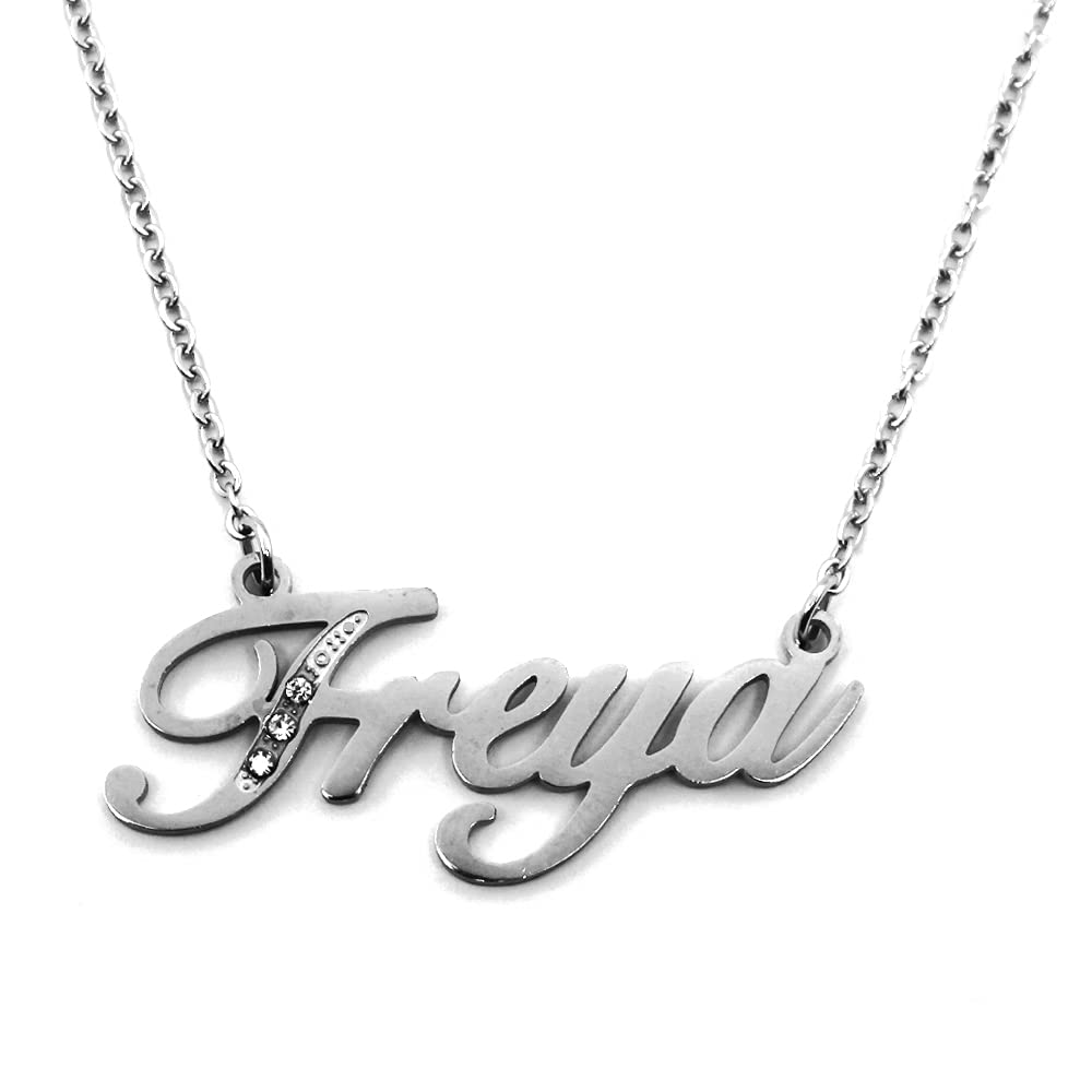 Kigu Name Necklace Freya - Silver Tone - Custom Name Necklace - Personalised Jewellery for Ladies- Customised Jewellery for Girls- Custom Pendant Freya