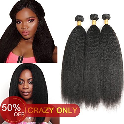 Aligogo Brazilian Yaki Straight Hair 3 Bundles 8A Kinky Straight Hair Bundles Unprocessed Virgin Human Hair Extensions, Natural Black(10 12 14)