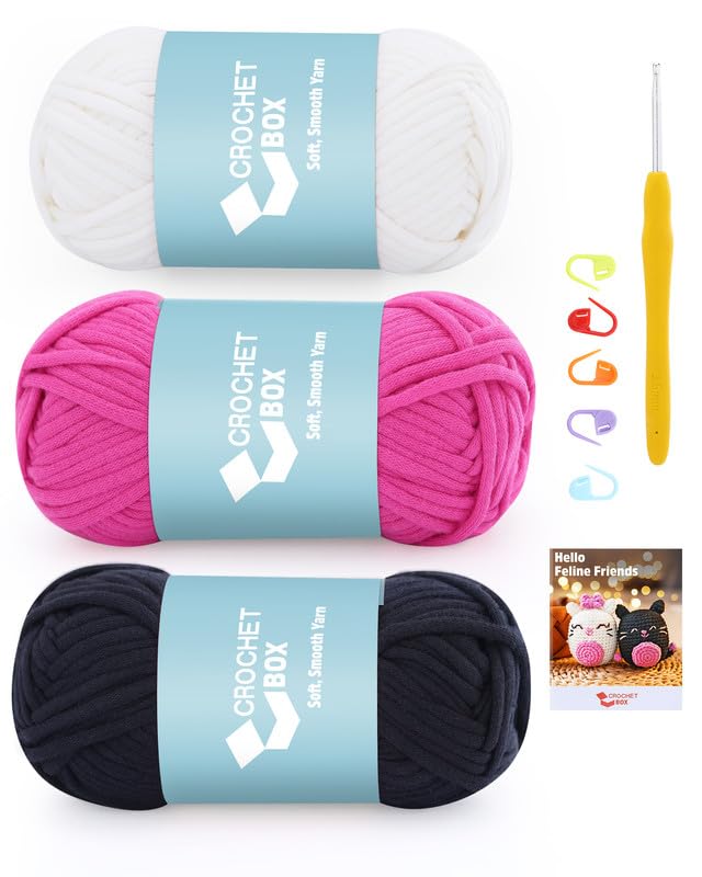 CROCHET BOX Crochet Yarn for Beginners: Yarn for Crocheting, Black Magenta Natural White, 50 g, 55 Yards, #4 Medium, Easy to See Stitches, Include Hook, Cat Pattern & Video Tutorial — image 1