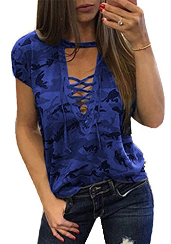 Smile fish Women Camouflage Print V-Neck Lace-up T-Shirt (2XL, Blue)