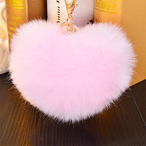 Yibenwanligod Big Heart Shaped Soft Pom Pom Ball Keychain Handbag Key Ring Women Gift - Pink