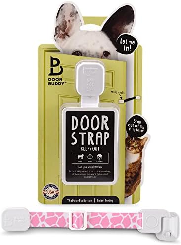 Door Buddy Adjustable Door Strap &amp; Latch. Easy Way To Dog Proof Litter Box. No More Pet Gates Or Cat Doors. Convenient Cat &amp; Adult Entry. No Tools Installation. Stop Dog Eating Cat Poop Today! (Pink)