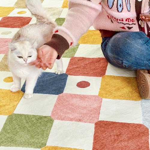 jinchan Kids Area Rug 4x6 Washable Indoor Checkered Floor Cover Non Slip Modern Soft Rug Living Room Carpet Decor for Nursery Dining Room Bedroom Circus on Cream