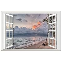 DNVEN 24 inches x 16 inches 3D Full Color Grey Dark Sky Beachside False Faux Window Frame Window Mural Vinyl Bedroom Living Room Playroom Wall Decals Stickers