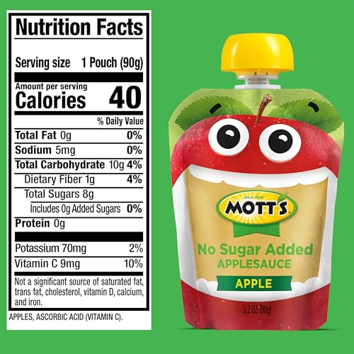 MOTT’S NO SUGAR ADDED APPLESAUCE, MADE FROM REAL FRUIT, NO ARTIFICIAL FLAVORS, 3.2 OZ CLEAR POUCHES, 20 PACK