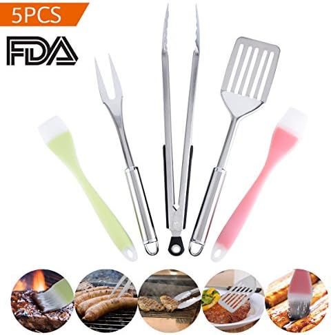BBQ Grill Tools Set Kitchen Tools Stainless Steel Tongs 14 Inch Spatula 14Inch Fork 13 Inch Silicone Brush 10 Inch , Set of 5