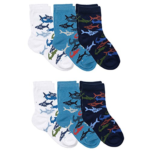 Country Kids Boys' Toddler Jaws Shark Ocean Aquarium Cotton Crew Socks, 6 Pack, white/blue, 1-2 years (shoe size 3-7.5)