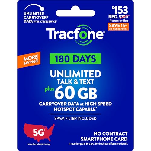 Tracfone $153 Unlimited Talk & Text, 60 GB of Data / 180 Days (Physical Card)