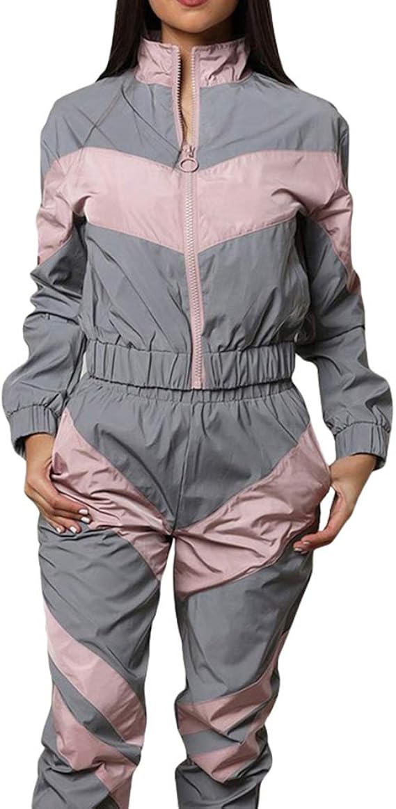 hiboteTute Donna Set da 2 Pezzi Pantaloni con Cappuccio Riflettente con Cerniera Riflettente Moda Giacca Allentata Cappotto Pantaloni Set di Tute di Giunzione